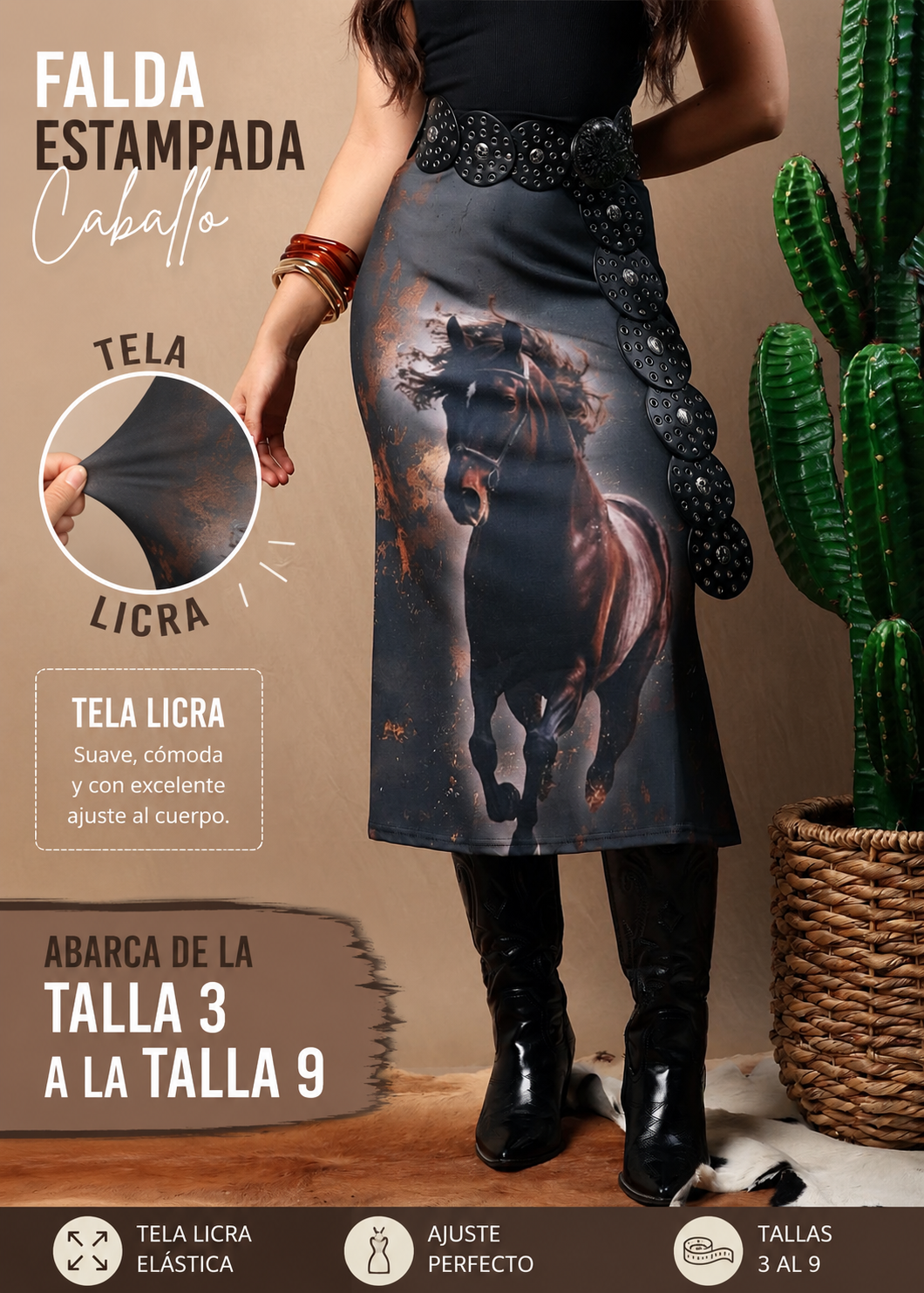 Falda vaquera para dama con estampado de caballos